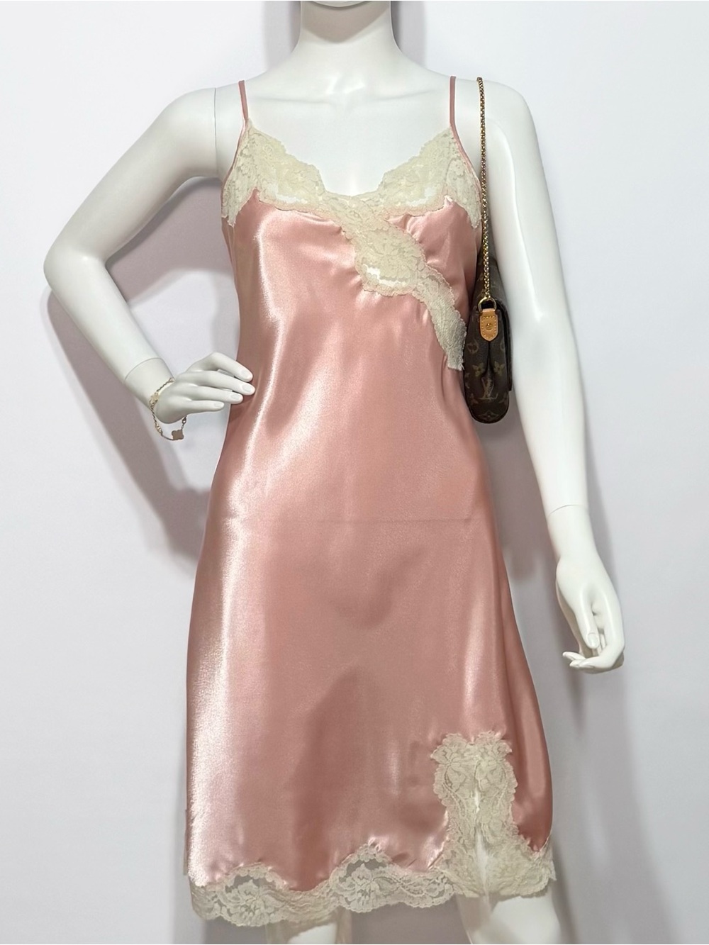 VTG Victoria's Secret Y2K rare Pink Satin Slip with Cream Lace Trim | S